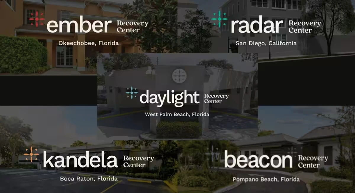 Collage of five recovery-center logos with locations: Ember (Okeechobee, FL), Radar (San Diego, CA), Daylight (West Palm Beach, FL), Kandela (Boca Raton, FL), Beacon (Pompano Beach, FL).